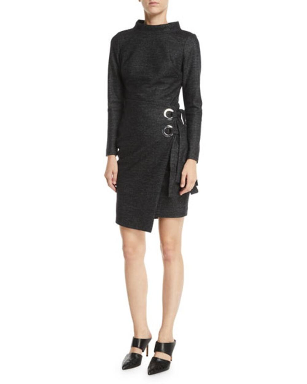 BADGLEY MISCHKA Long-Sleeve Mock Neck Wrap-Front Grommet Dress Black 6